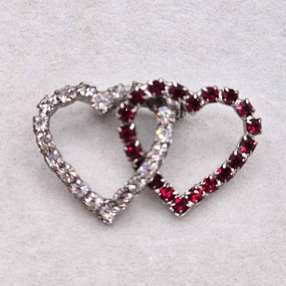 Rhinestone Double Heart Brooch Red Clear Silver Tone Pin Interlocking